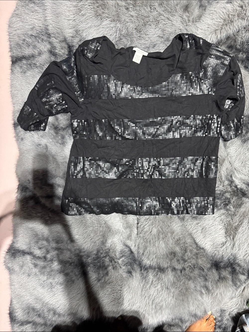 Joan Vass Black Short Sleeve Sequin Stripe Top